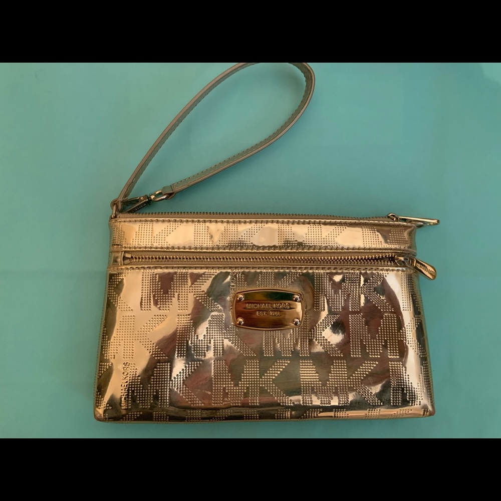 Michael Kors Wristlet, Gold MK Embossed print